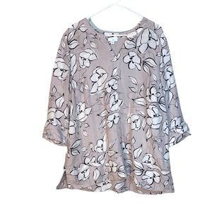 J Jill Women's Top Floral Tunic Rayon Linen Blend Beige White Black Size Large
